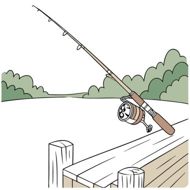 Çatlak makaralı yıpranmış bir olta kamışı. Sakin bir gölün üzerindeki tahta iskeleye yaslanarak. Yapay zeka üretildi. Vektör simgesi