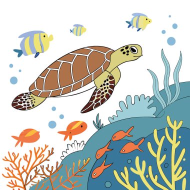 Canlı Mercan Resifi Ekosisteminde Canlı Balık ve Deniz Yaratıklarıyla Yüzen Renkli Kaplumbağa. Yapay zeka üretildi. Vektör simgesi