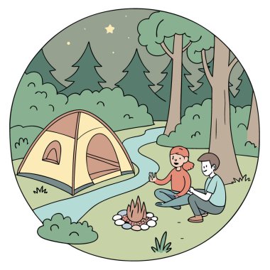 Gözlerden uzak bir ormanda aile kamp gezisi. Nehir kenarında bir çadır. Yapay zekanın oluşturduğu bir kamp ateşinde kaynaşmak. Vektör simgesi