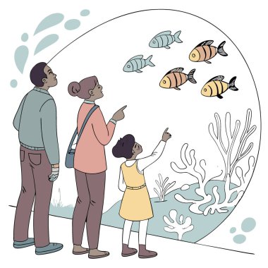 Akvaryumdaki balıklara ilgi duyan bir aile. Merak. Eğitim. Yapay zekanın ürettiği bir bağ. Vektör simgesi