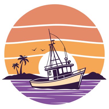 Sakin bir kıyı bölgesinde sakin sularda canlı bir günbatımına karşı siluet oluşturan balıkçı teknesi. - Evet. Yapay zeka üretildi. Vektör simgesi