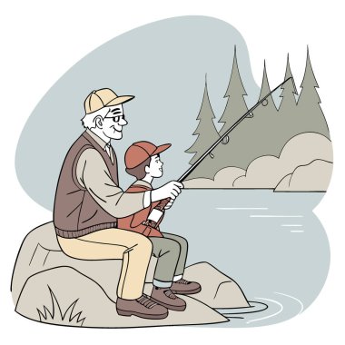 Büyükbaba ve torun birlikte kayalarda oturup göl sularında çubuklarla balık tutuyorlar. Yapay zeka üretildi. Vektör simgesi