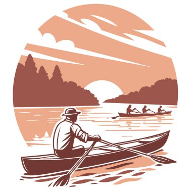 Günbatımında tahta bir teknede kürek çeken bir adam. Diğer kürekçiler barışçıl bir nehirde arka planda. Yapay zeka üretildi. Vektör simgesi
