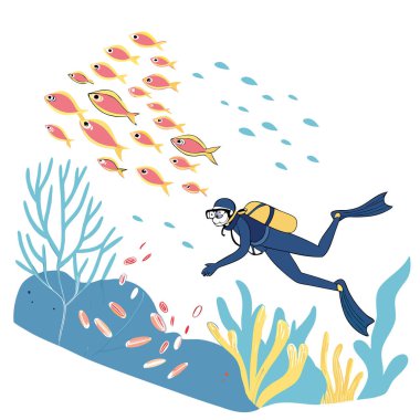 Yüzlerce balıkla çevrili bir dalgıcın sualtı görüntüsü. canlı bir şey yaratmak. Canlı bir görünüm yapay zeka oluşturdu. Vektör simgesi