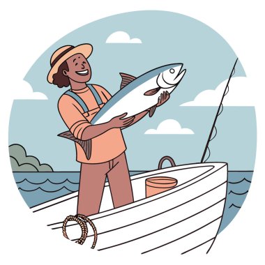 Büyük bir balığı bir teknede gururla tutan bir adam. Arka planda okyanus ve mavi gökyüzü olan yapay zeka üretildi. Vektör simgesi