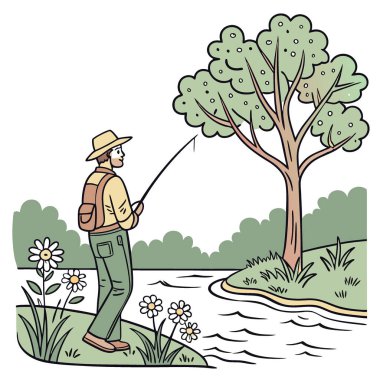 Elinde oltayla suda duran bir adam. Açık hava ve eğlence teması için uygun. Yapay zeka üretildi. Vektör simgesi