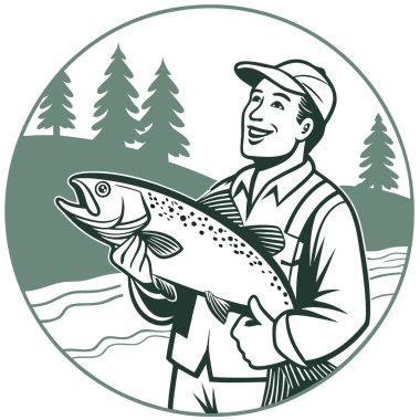 Gülümseyen bir adam büyük bir balık tutar. Yapay zekanın yarattığı doğal ortamda başarılı bir balık avlama gezisi. Vektör simgesi