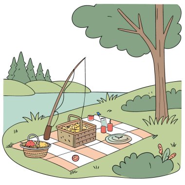 Gözlerden uzak bir göl bölgesinde kırsal bir balık avı. Sahilde havalı bir piknik düzeneği var. Yapay zeka üretildi. Vektör simgesi