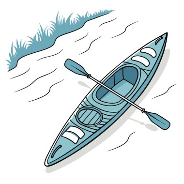 Tarafsız bir arkaplanda dinlenmiş canlı mavi bir kano. Sakin su maceraları için tasarlandı. Yapay zeka üretildi. Vektör simgesi