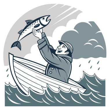 Bulutlu Gün 'de Dalgalı Deniz Macerası Üzerine Neşeli Balıkçı Tutucu Ödül Avı. Yapay zeka üretildi. Vektör simgesi