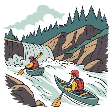 Tehlikeli aşırı hobiler. Nehirde kano sürerek geziyorlar. Aktif spor yaşam tarzı resmi. Yapay zeka üretildi. Vektör simgesi