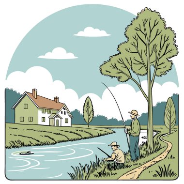 Berrak mavi gökyüzünün altındaki huzurlu bir köyde sazan balığı avlama macerası. Yapay zeka üretildi. Vektör simgesi