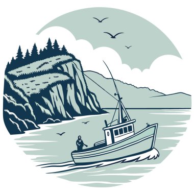 Denizdeki uzun hatlı balıkçı teknesi. Sahne Sahili Ortamı 'nda Sakin Sularda Dolaşmak. Yapay zeka üretildi. Vektör simgesi