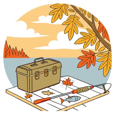 Balıkçılık malzemeleri, sonbahar boyunca zeytin-kahverengi malzeme kutusu ve renkli yemlerle bir rıhtıma dizilmiş. Yapay zeka üretildi. Vektör simgesi