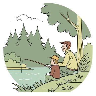 Baba ve oğul yemyeşil yemyeşil bir gölde huzurlu bir balık avının tadını çıkarıyorlar. Yapay zeka üretildi. Vektör simgesi