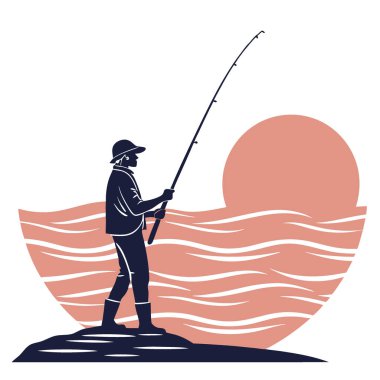 Deniz bulanıklığı etkisi altında şeftali rengi bir gün batımının arka planında bir balıkçının silueti. - Evet. Yapay zeka üretildi. Vektör simgesi