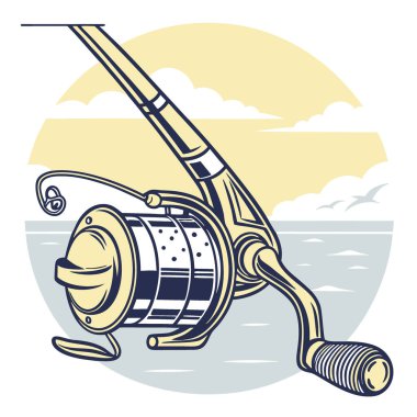 Öğleden sonra sakin suyun üzerinde gün ışığında parıldayan bir balık oltasının yakın çekim görüntüsü. Yapay zeka üretildi. Vektör simgesi