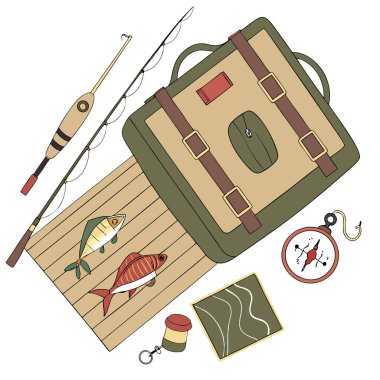 Düz bir olta ve olta takımı. Dikkatlice hazırlanmış ve yapay zekanın yarattığı bir balıkçılık macerasına hazır. Vektör simgesi
