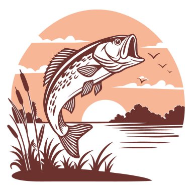 Koca ağızlı bir levrek, arka planda güzel bir günbatımı ile sudan atlıyor. AIG51A yapay zeka üretildi. Vektör simgesi