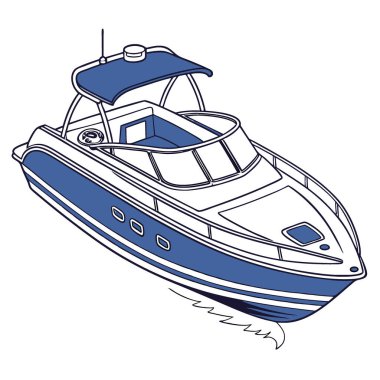 Suyun üzerinde seyahat etmek ve rahatlamak için tasarlanmış parlak mavi bir motorlu tekne. Beyaz arka planda izole edilmiş. Yapay zeka üretildi. Vektör simgesi