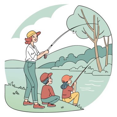 Tatlı su gölü doğası macerasında aile balıkçılığı. Eğlenceli manzaralı kaliteli zaman. Yapay zeka üretildi. Vektör simgesi