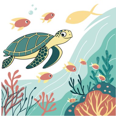 Renkli balık grubuyla bir kaplumbağa ve okyanusun altında renkli mercanları olan deniz hayvanları. A. yapay zeka üretildi. Vektör simgesi
