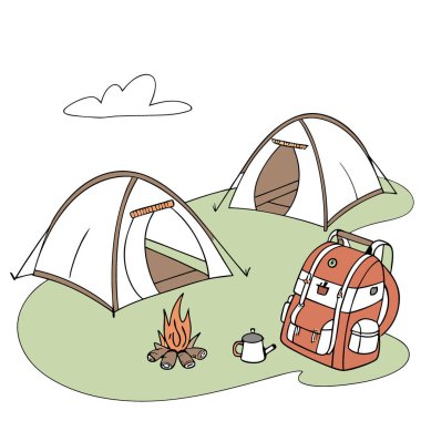 Kamp aletleri ve çadırlar. Çaydanlık. ve sırt çantası. Açık hava maceraları için mükemmel. Yapay zeka üretildi. Vektör simgesi