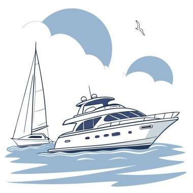 Sakin sularda parlak bir yat süzülüyor. Yapay zekanın yarattığı sakin bir ortamda lüks ve zarafet sergiliyorsun. Vektör simgesi