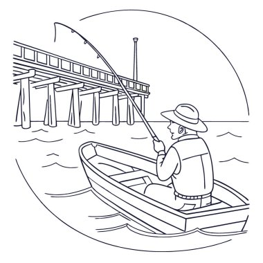 Bir balıkçı teknesinde ve balıkçı iskelesinde yapay zeka tarafından oluşturulan kesintisiz bir çizim. Vektör simgesi