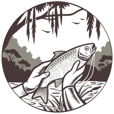 Amazon nehrinin arka planında yapay zeka oluşturduğu taze avları tutan balıkçıların büyüleyici yakın çekimleri. Vektör simgesi