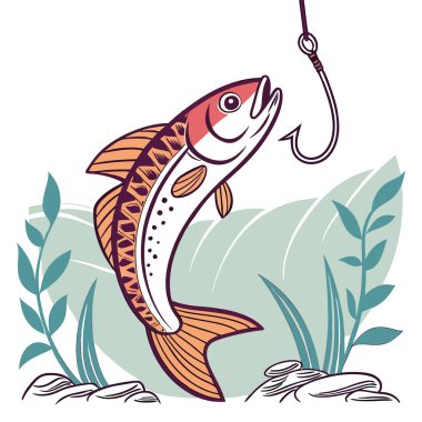 Kancaya takılmış canlı renkler ve suyun altında karmaşık detaylar gösteren bir balığın yakın çekimi. Yapay zeka üretildi. Vektör simgesi