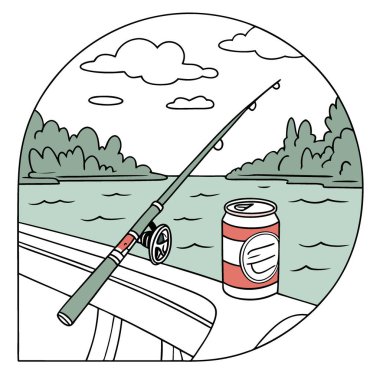 Bir Balık Oltasının Komik Sahnesi ve Bir Teknede Bira Kutusu Rahatlamış Boş Bir Aktiviteyi Gösteriyor. Yapay zeka üretildi. Vektör simgesi