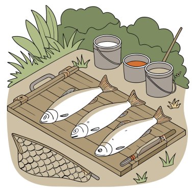 Balıkçılık Gear ve Doğa Elementleriyle çevrili Tahta Masa 'da Taze Yakalanmış Balık Sergilendi. Yapay zeka üretildi. Vektör simgesi