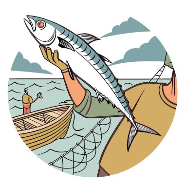 Taze Yakalanmış Uskumru Balık Deniz Ürünleri Balıkçıların Elleri Sahil Balıkçılığı. Yapay zeka üretildi. Vektör simgesi