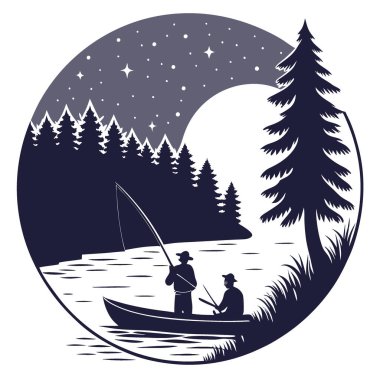 Sessiz bir gölde yıldızların altında gece balıkçılığı. gizemli ve büyüleyici. Yapay zekanın yarattığı gece macerası. Vektör simgesi