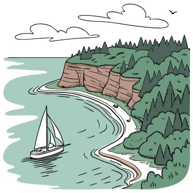 Denize açılan macera, sakin kıyı manzarası, hava manzarası, doğa keşfi, sakin bir ortam. Yapay zeka üretildi. Vektör simgesi