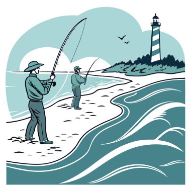 Tybee Adası 'nda sörf balıkçılığı. Balıkçılar Sahne Arası Okyanus Dalgaları ve Sandy Shoreline 'ın Arasında Olta Atar. Yapay zeka üretildi. Vektör simgesi