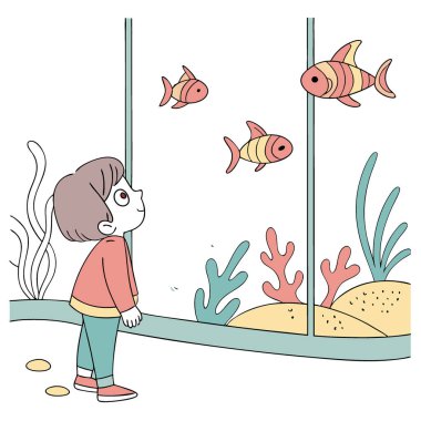 Küçük çocuk okyanusta yüzen balık sürüsünü seyrediyor. Okyanus yaban hayatını keşfeden genç bir çocuk yapay zeka üretiyor. Vektör simgesi