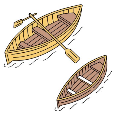İki ahşap kayık. Biri sarı, biri kahverengi. Beyaz arka planda. Yapay zeka üretildi. Vektör simgesi