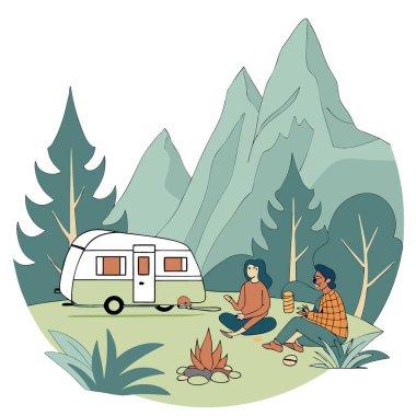 Bir grup, bir karavanın yanında kamp yapıyor. Kamp ateşiyle. Dağların ve yeşilliklerin arasında yapay zeka üretildi. Vektör simgesi