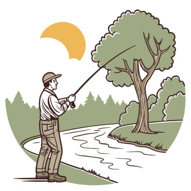 Gün doğumunda sakin bir nehrin kenarında olta tutan bir balıkçı. Doğa ve altın ışıkla çevrili. Yapay zeka üretildi. Vektör simgesi