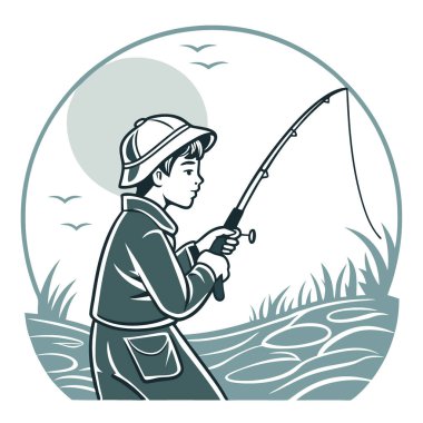 Genç bir balıkçı, arka planı bulanık ve geniş bir kopya alanı olan bir balık avının tadını çıkarıyor. Yapay zeka üretildi. Vektör simgesi