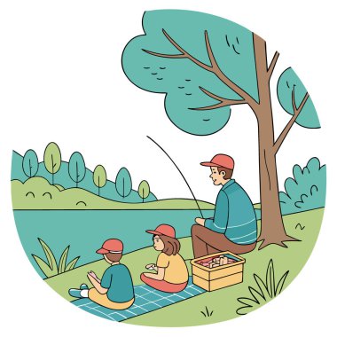 Babalar Günü 'nü balıkçı kıyafetiyle kutluyoruz. Alet çantası. ve Doğa 'da Manzaralı Göl Manzarası. Yapay zeka üretildi. Vektör simgesi