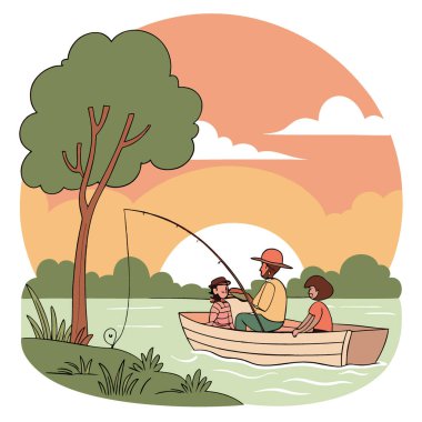 Aile, Gölde Huzurlu Günbatımı Balık Tutma Gezisi Mutluluk ve Doğada Beraberlik. Yapay zeka üretildi. Vektör simgesi