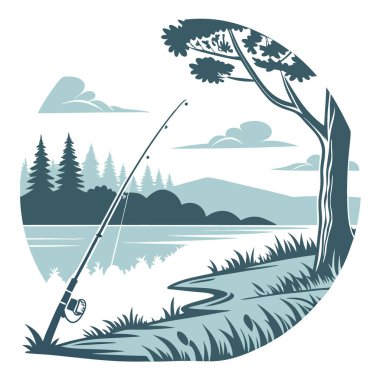 Sakin Sular ve Sahne Arkaplanlı Bir Balıkçı Çubuğunun Huzurlu Sahnesi. Yapay zeka üretildi. Vektör simgesi