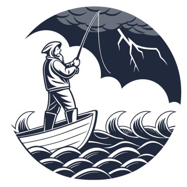 Açık denizde tehlikeli bir fırtına sırasında bir teknede durup balık yakalayan cesur bir balıkçı. - Evet. Yapay zeka üretildi. Vektör simgesi