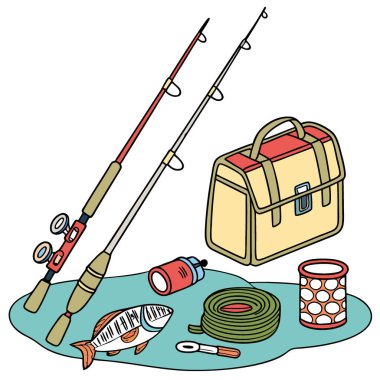 Balıkçılık Malzemelerinin Renkli Vektör İllüstrasyonu. Çubuklar. Ve dış etkenler için aksesuarlar. Yapay zeka üretildi. Vektör simgesi