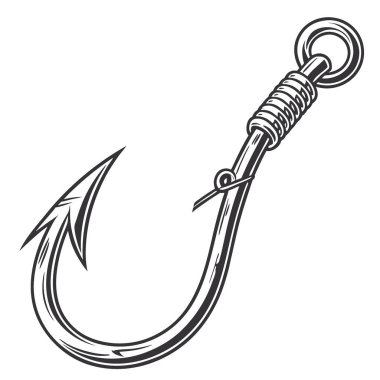 Balık yakalamak için tasarlanmış keskin dikenli metalik bir oltanın ayrıntılı görüntüsü. Yapay zeka üretildi. Vektör simgesi