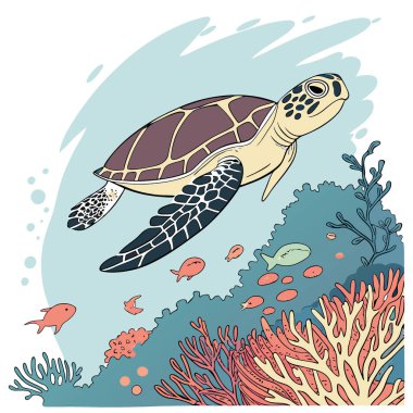 Maldivler 'deki bir mercan resifinin üzerinde deniz kaplumbağası var. Seyahat ve tatil geçmişi. Tasarım ai. Yapay zeka üretildi. Vektör simgesi