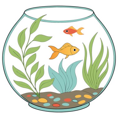 Canlı bitkiler ve renkli balıklarla dolu küçük bir laboratuvar akvaryumu. Su yaşamını gözler önüne seriyor. Yapay zeka üretildi. Vektör simgesi